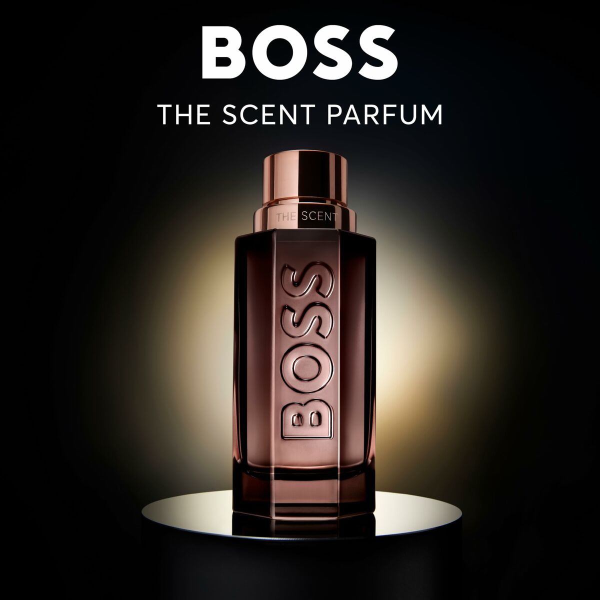Parfum Unisexe Hugo Boss THE SCENT 50 ml sur un fond sombre, mettant en valeur le design sophistiqué de la bouteille.