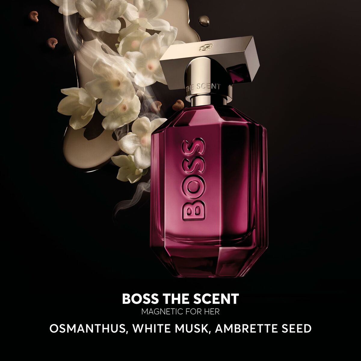 BOSS The Scent for Her perfume bottle with osmanthus, white musk, and ambrette seed, elegant packaging on a dark background.