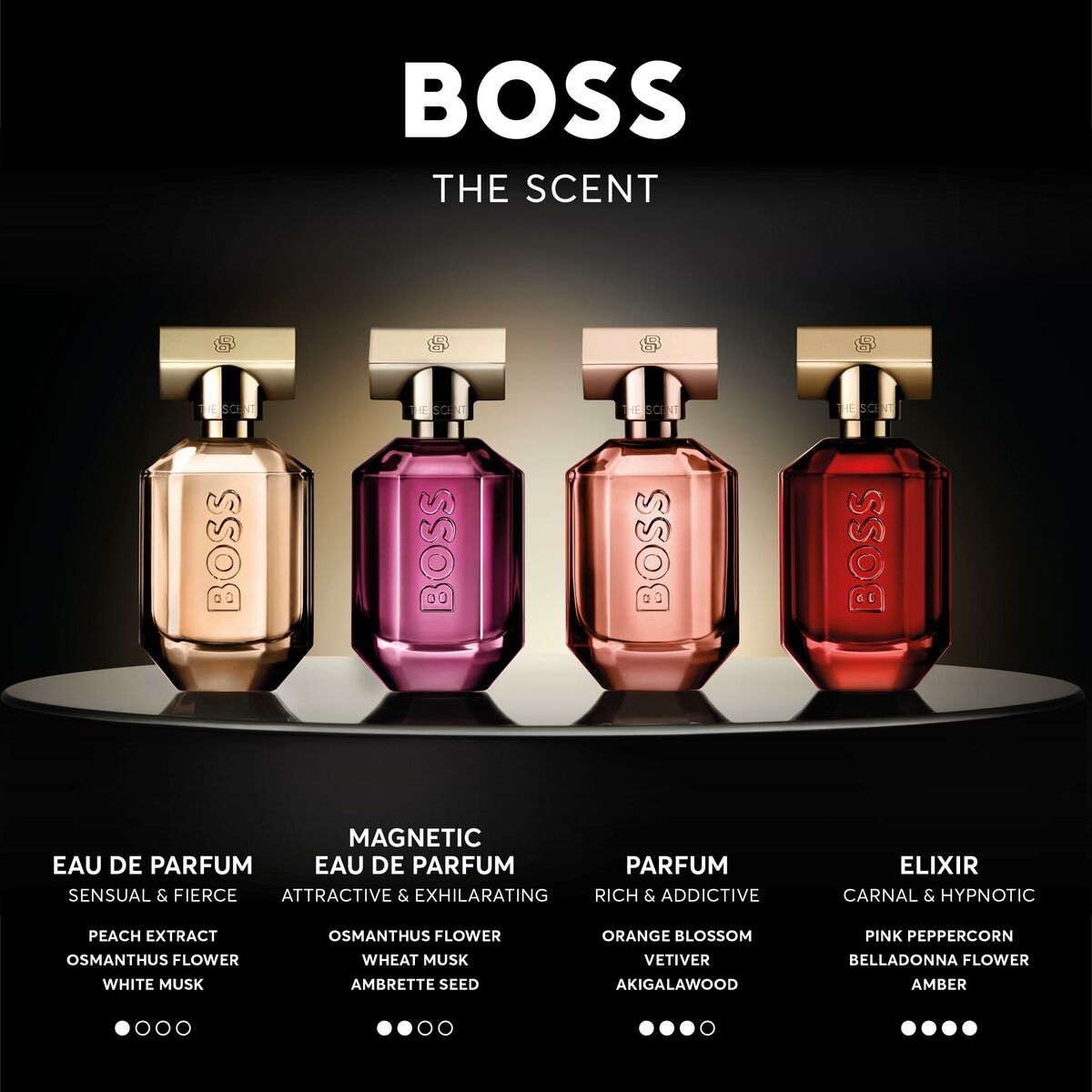 Assortment of Boss The Scent perfumes including Eau de Parfum, Magnetic, Parfum, and Elixir displayed elegantly.