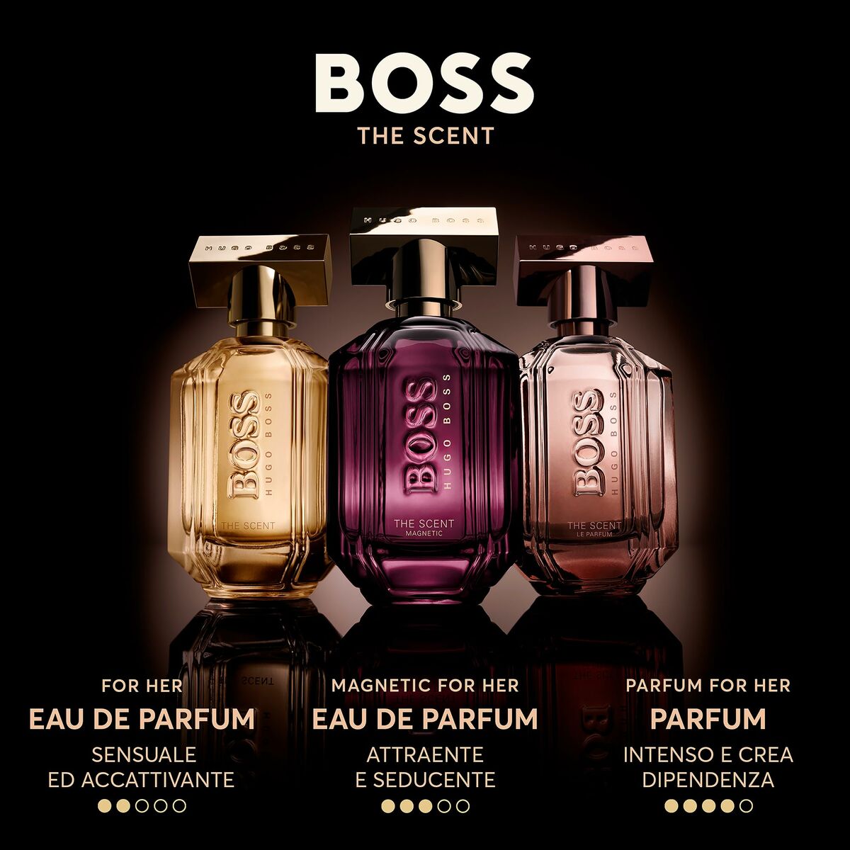 Three Hugo Boss 'The Scent' perfumes for her, showcasing Eau de Parfum options in elegant bottles.