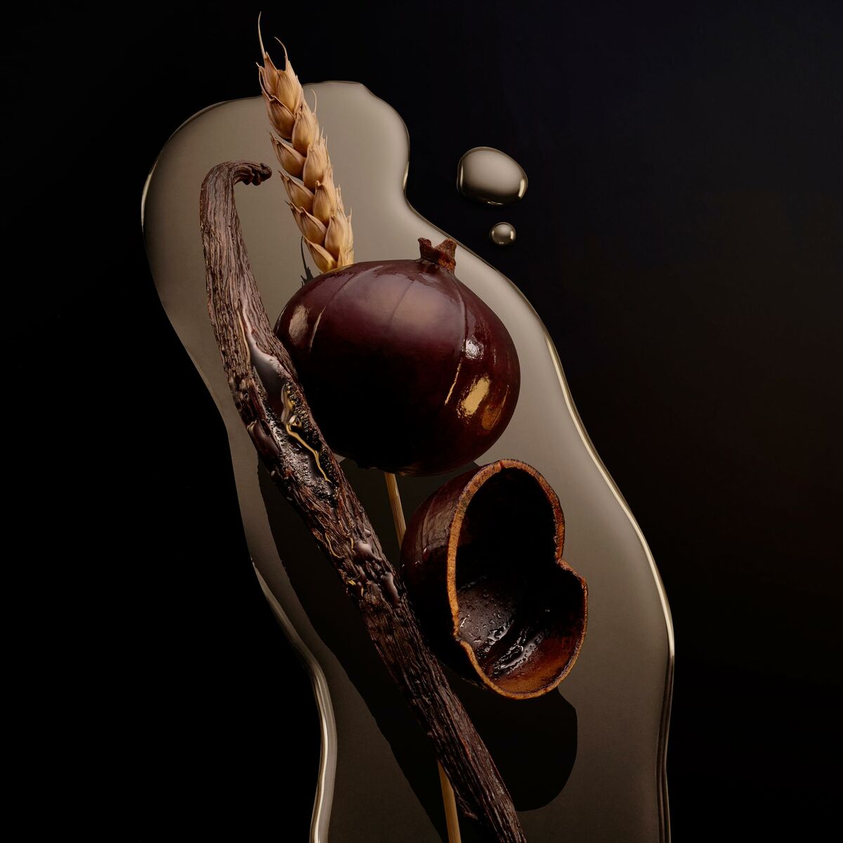 Artistic arrangement of vanilla, grains, and dark fruits on a sleek surface, showcasing fragrance ingredients.