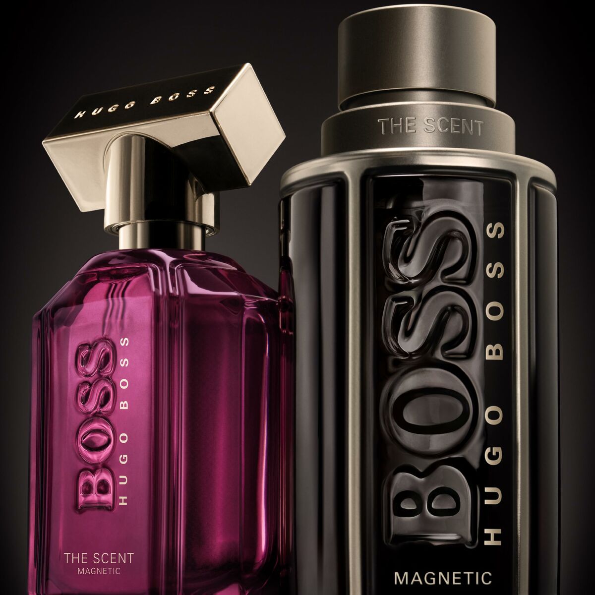 Parfum unisexe Hugo Boss THE SCENT 100 ml, bouteilles de parfum noir et rose, design élégant et moderne.