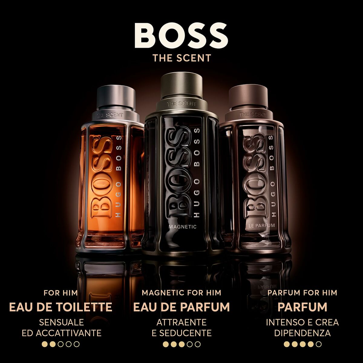Hugo Boss The Scent fragrance collection for men featuring Eau de Toilette, Magnetic Eau de Parfum, and Intense Parfum.