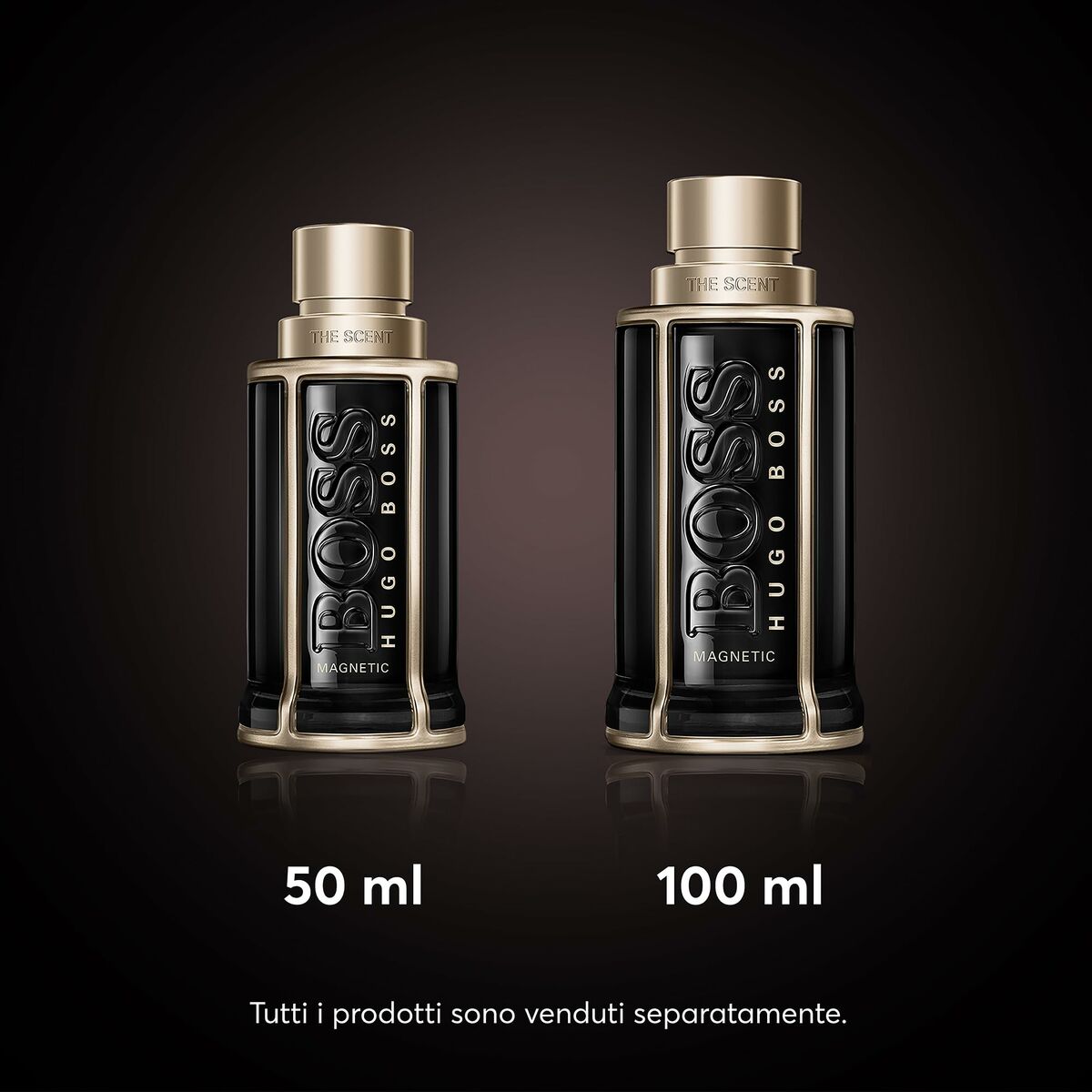 Bottles of Hugo Boss The Scent perfume in 50 ml and 100 ml sizes on a dark background.