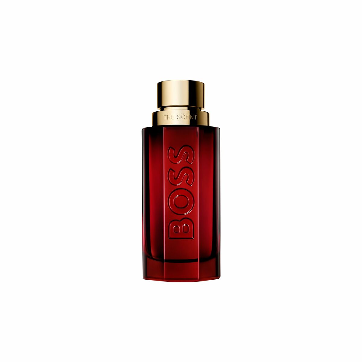 Parfum Homme Hugo Boss THE SCENT 100 ml, flacon rouge élégant avec bouchon doré, idéal pour les hommes.