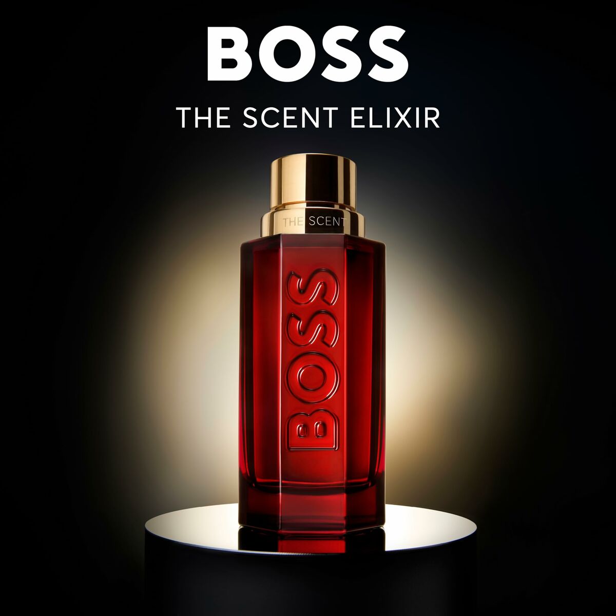 Flacon de parfum BOSS THE SCENT ELIXIR sur fond lumineux, 100 ml, design élégant pour homme.