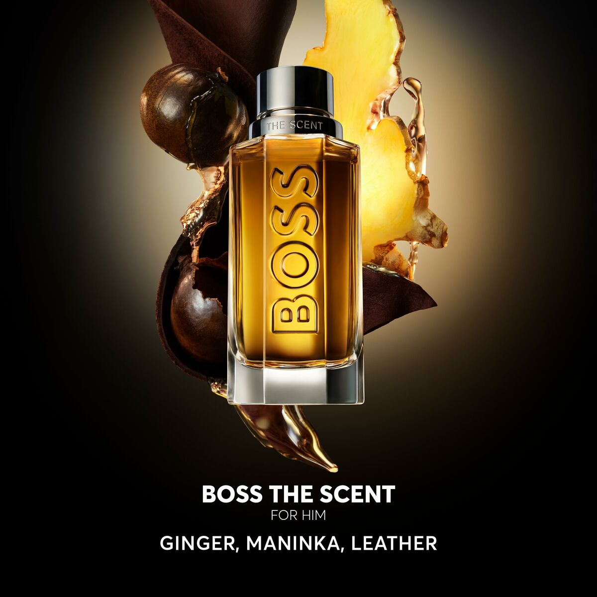 Hugo Boss The Scent for Him 200ml with notes of ginger, maninka, and leather in a stylish bottle.