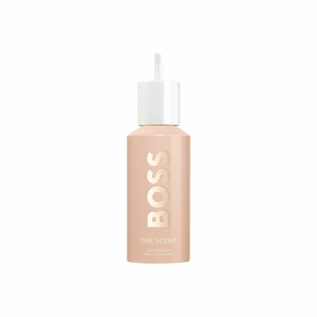 Parfum Femme Hugo Boss THE SCENT FOR HER 150 ml, élégant flacon avec capuchon blanc et étiquette dorée.