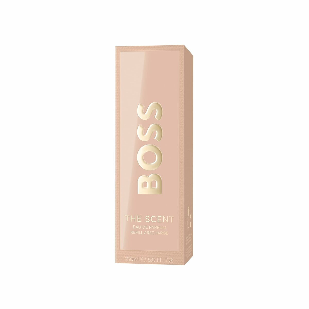 Hugo Boss The Scent For Her perfume packaging, 150 ml, elegant design with soft pink color and glossy letters.