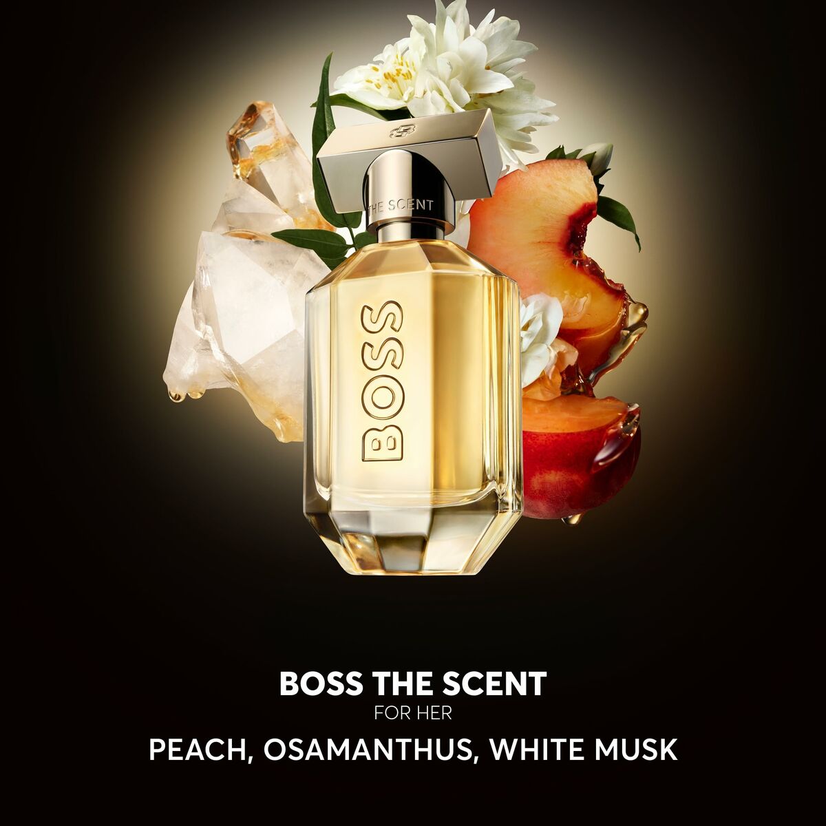 Hugo Boss The Scent for Her perfume bottle showcasing peach, osmanthus, and white musk notes.