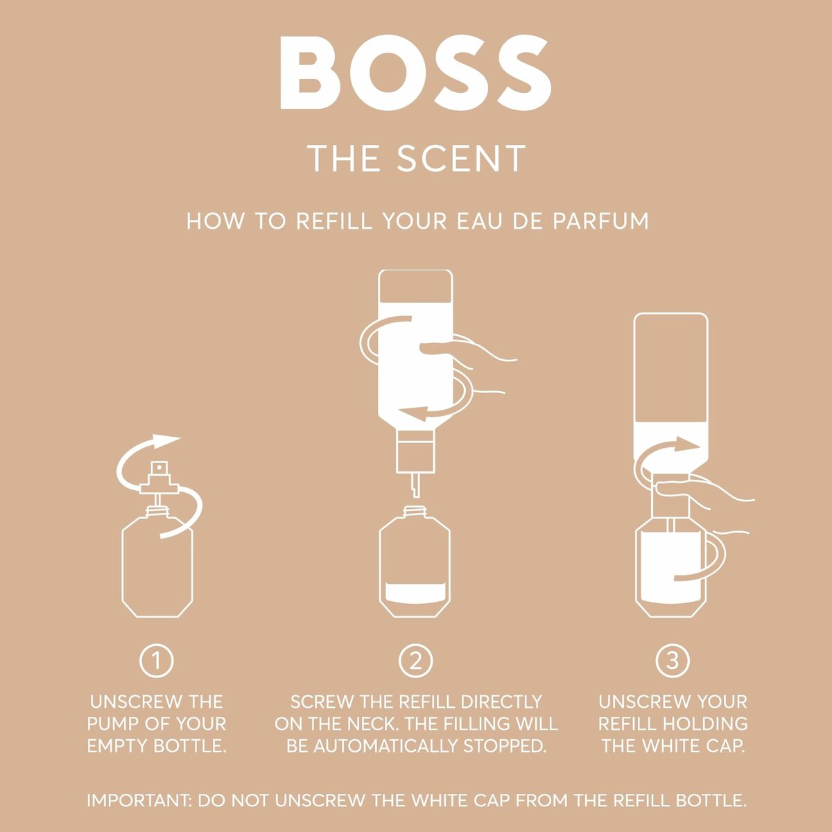 Instructions on how to refill Hugo Boss The Scent Eau de Parfum bottle.