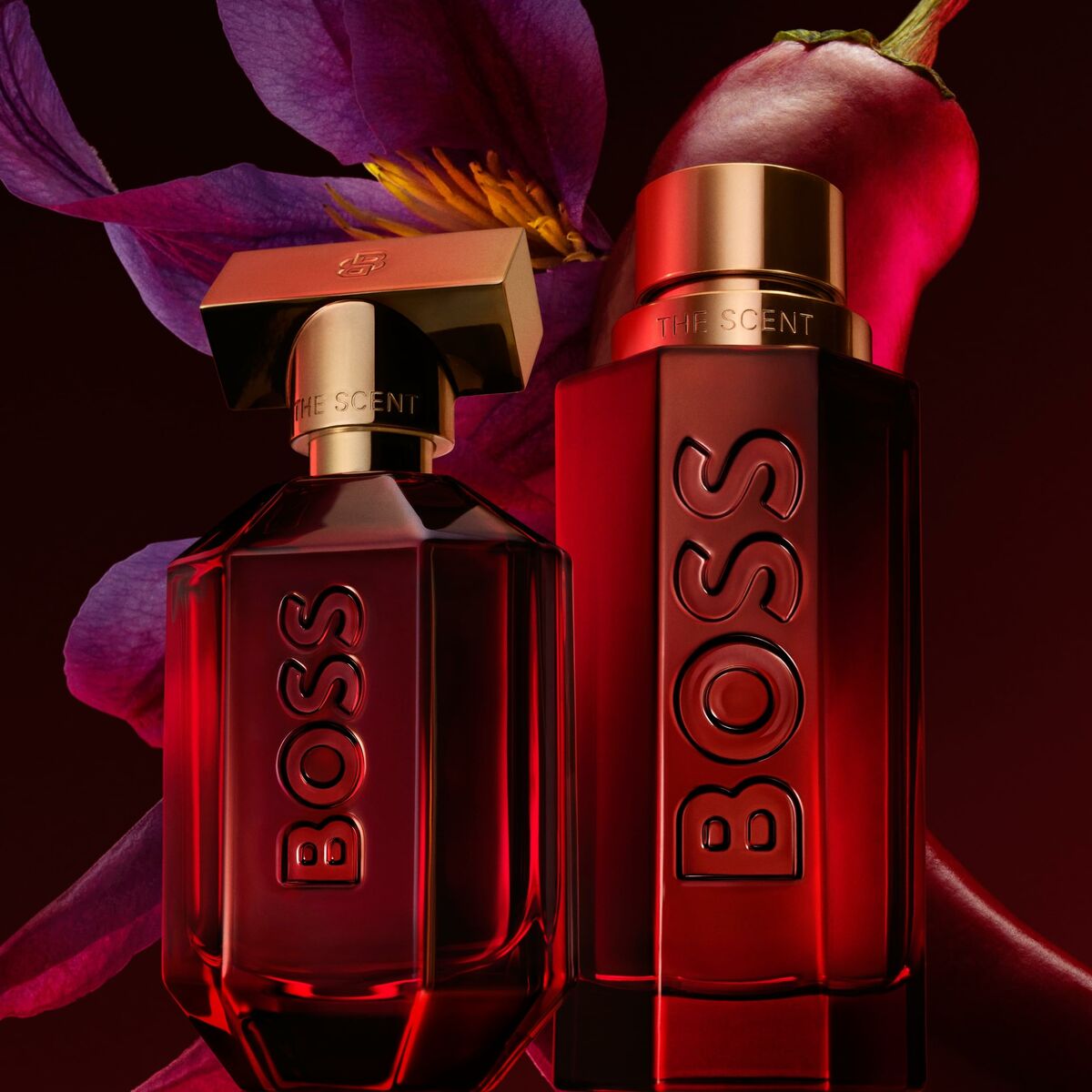 Hugo Boss The Scent Elixir unisex perfume bottles displayed with floral accents.