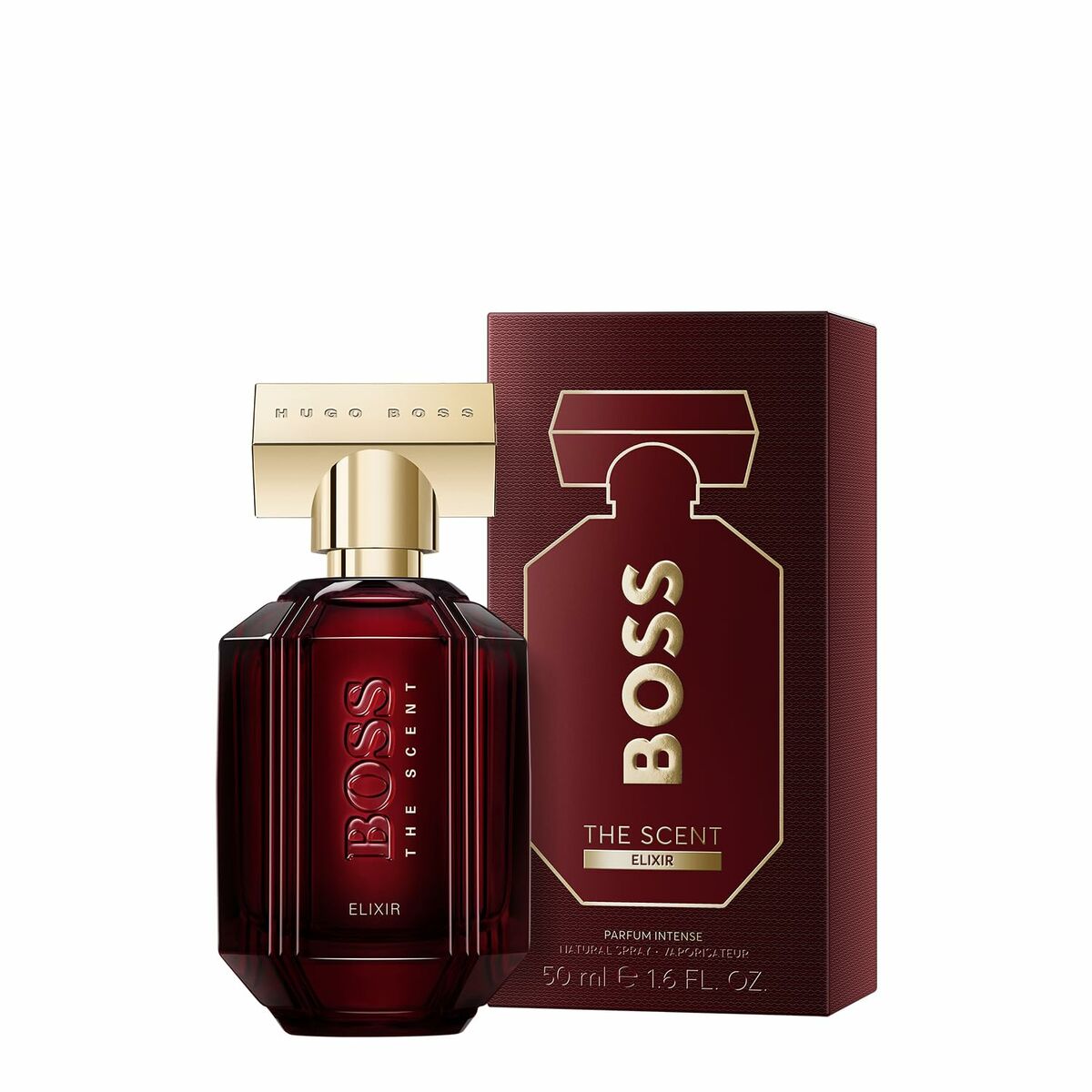 Parfum Unisexe Hugo Boss The Scent Elixir 50 ml avec emballage, bouteille élégante et design sophistiqué.