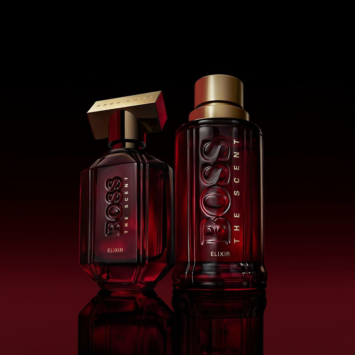 Bottles of Boss The Scent Elixir perfume on a dark background, showcasing a unisex fragrance design.