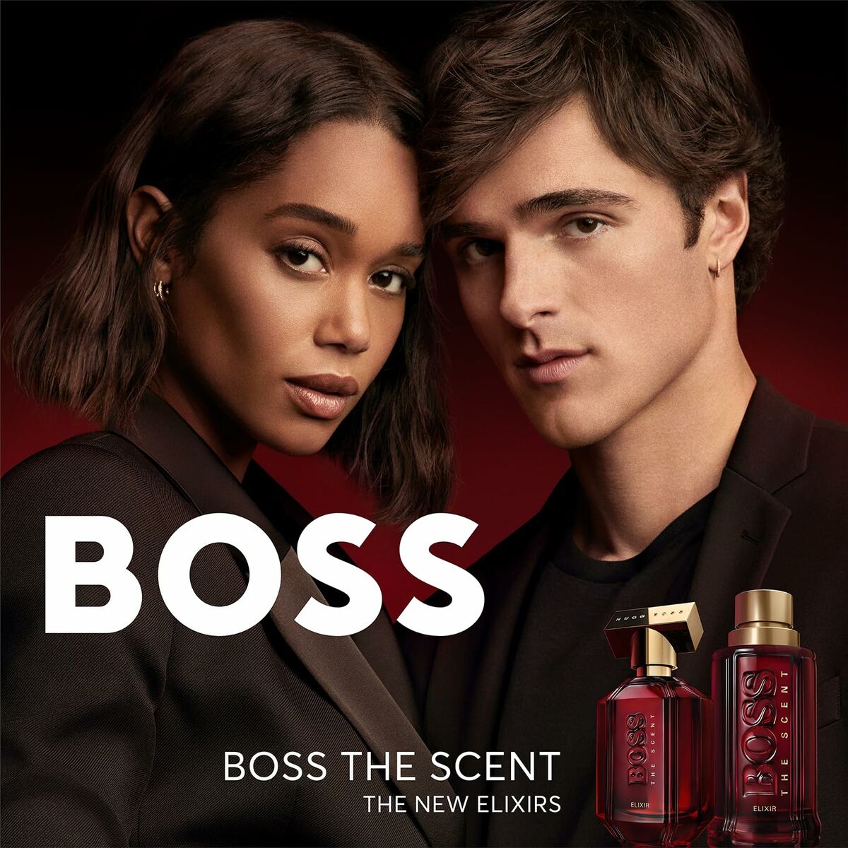 Promo image for Boss The Scent Elixir fragrance featuring a male and female model.