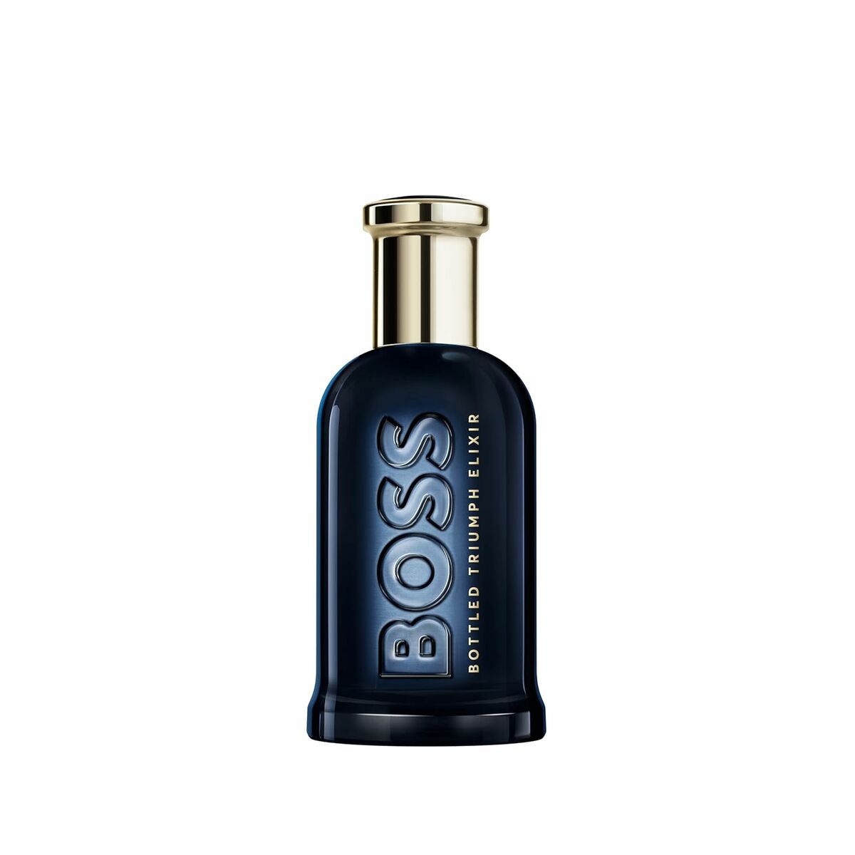 BOSS BOTTLED Triumph Elixir 100 ml men's fragrance bottle, elegant design with dark blue glass and gold accents.