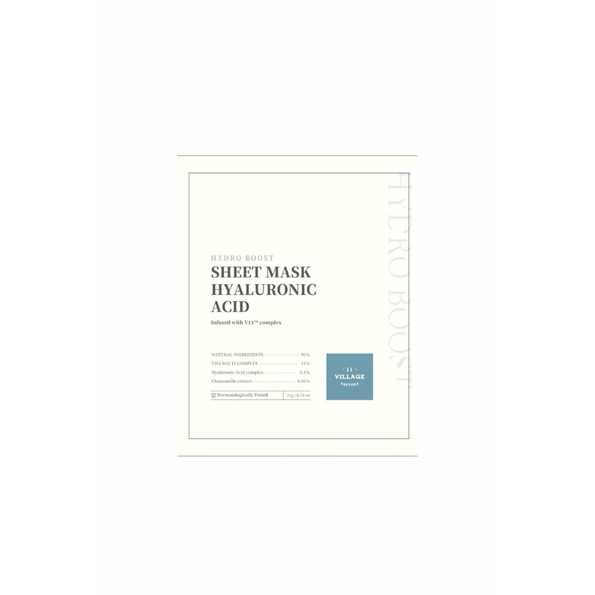 Hydro Boost Hyaluronic Acid Sheet Mask packaging featuring ingredient details and product information.