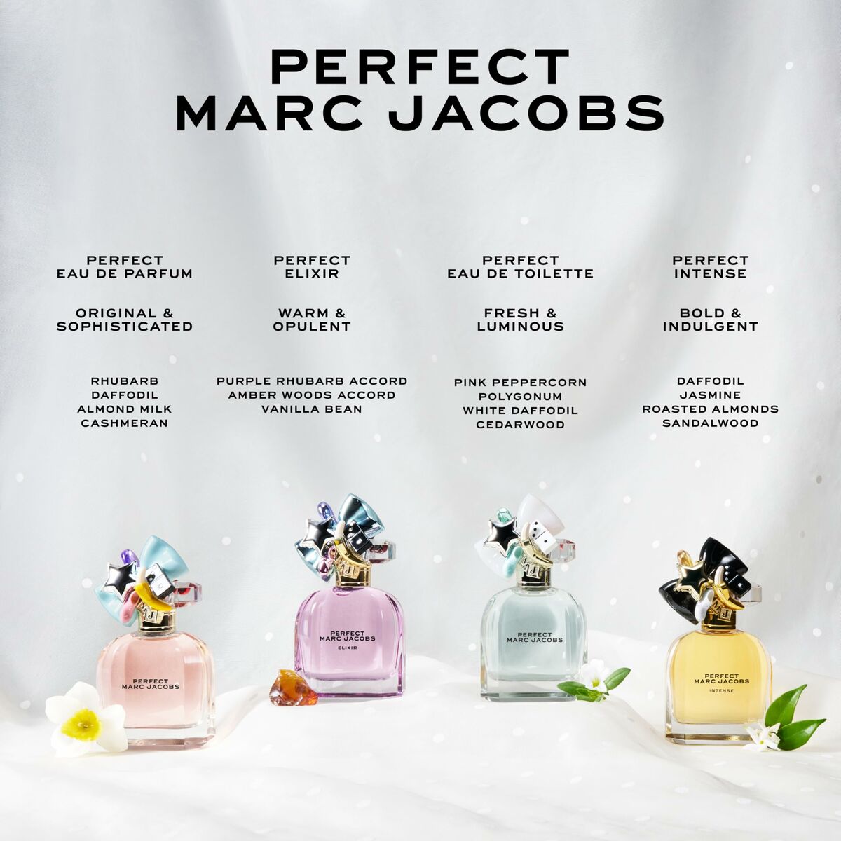 Collection of Marc Jacobs Perfect fragrances including Eau de Parfum, Perfect Elixir, Eau de Toilette, and Perfect Intense.