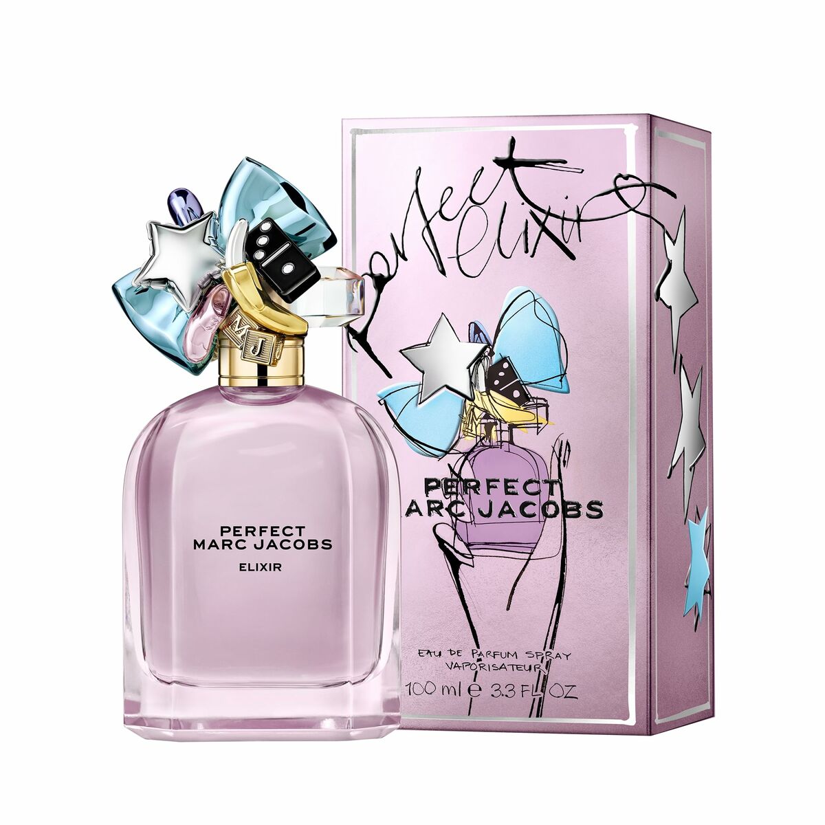 Parfum Unisexe Marc Jacobs PERFECT Perfect Elixir 100 ml avec flacon rose et boîte décorée de stars.