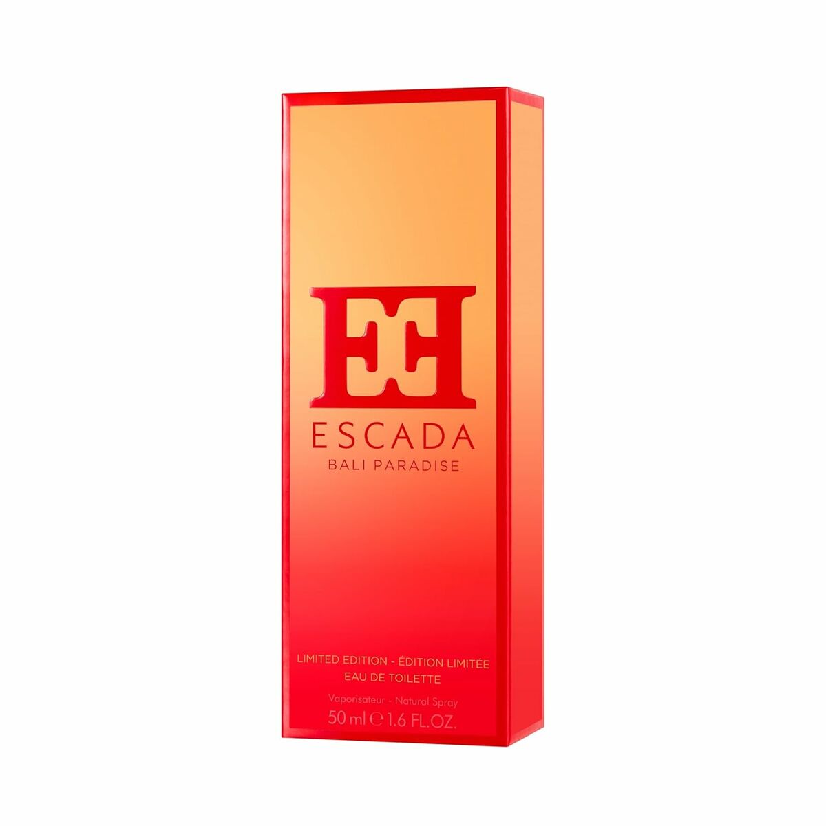 Escada Bali Paradise 50 ml perfume packaging, limited edition, vibrant design in red and orange colors.
