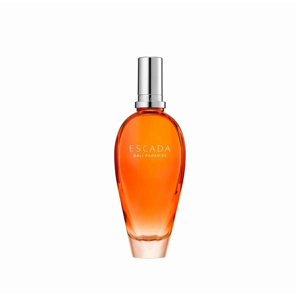 Escada Bali Paradise perfume bottle, 100 ml, with an elegant orange design and silver sprayer.