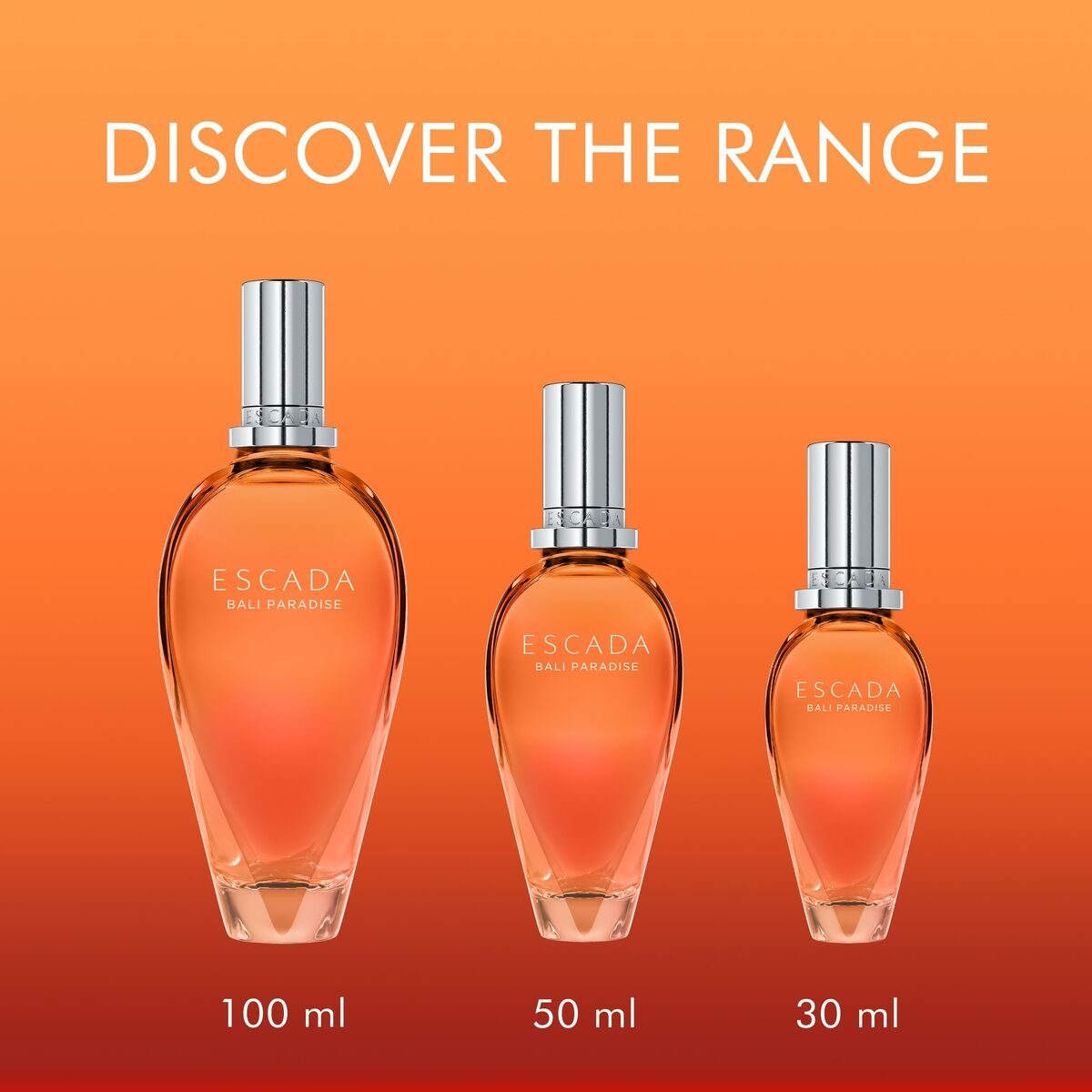 Image displaying Escada Bali Paradise perfume bottles: 100 ml, 50 ml, and 30 ml on a vibrant gradient backdrop.