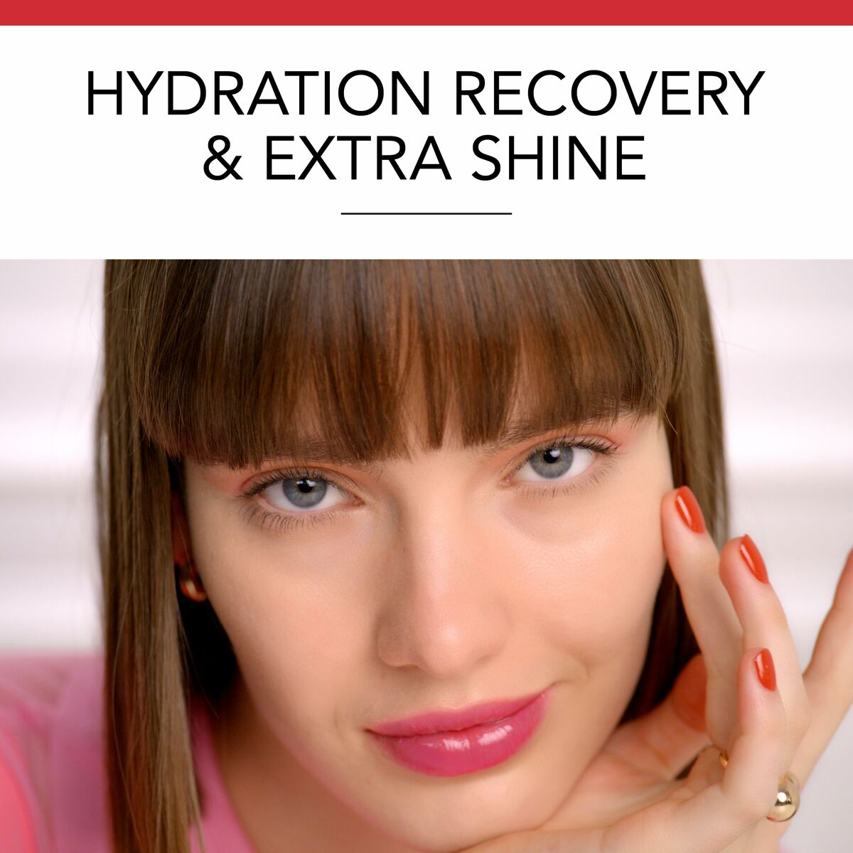 Model showcasing hydration recovery and extra shine with glossy lips and a fresh look.