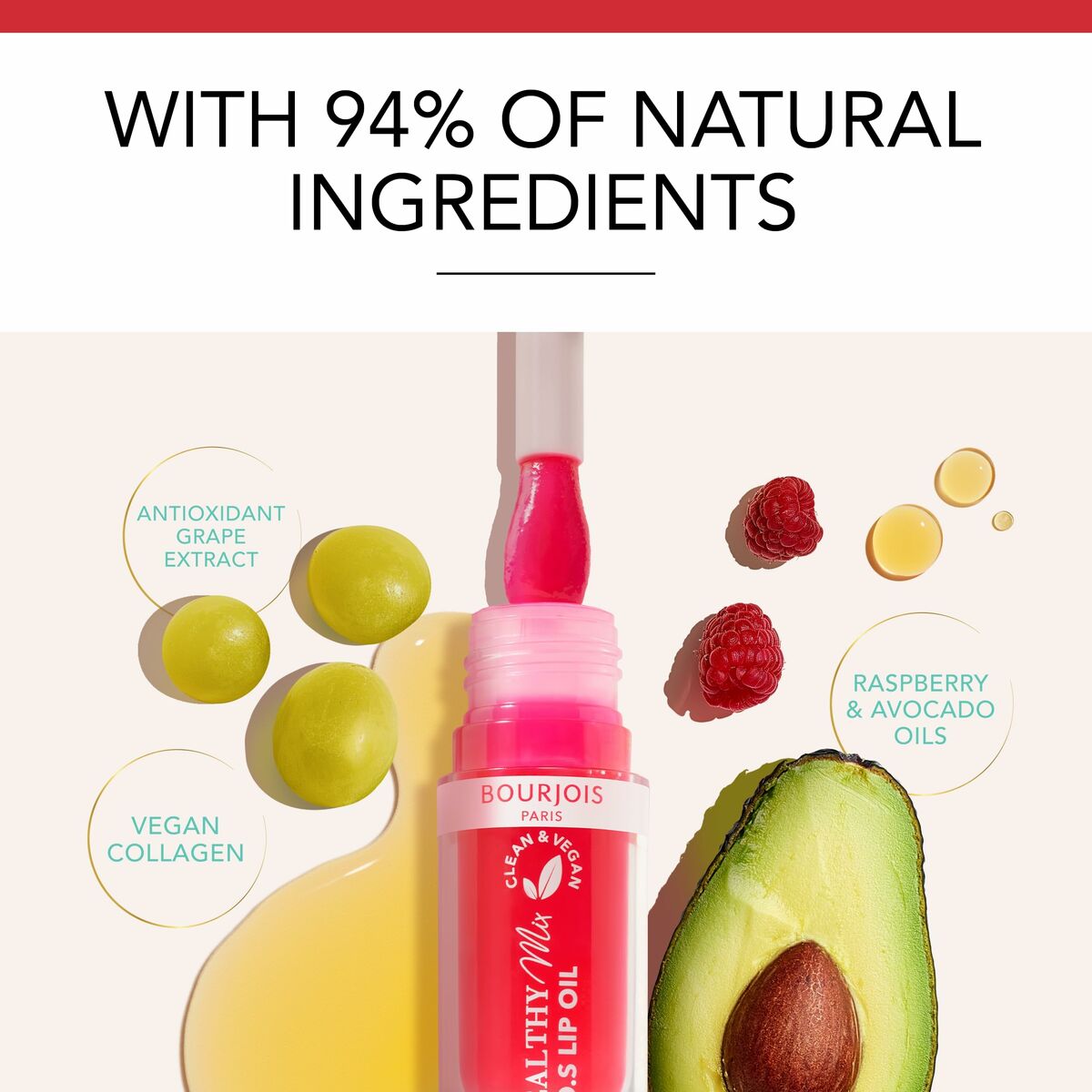 Bourjois HEALTHY MIX S.O.S lip oil with 94% natural ingredients, featuring raspberry and avocado oils.