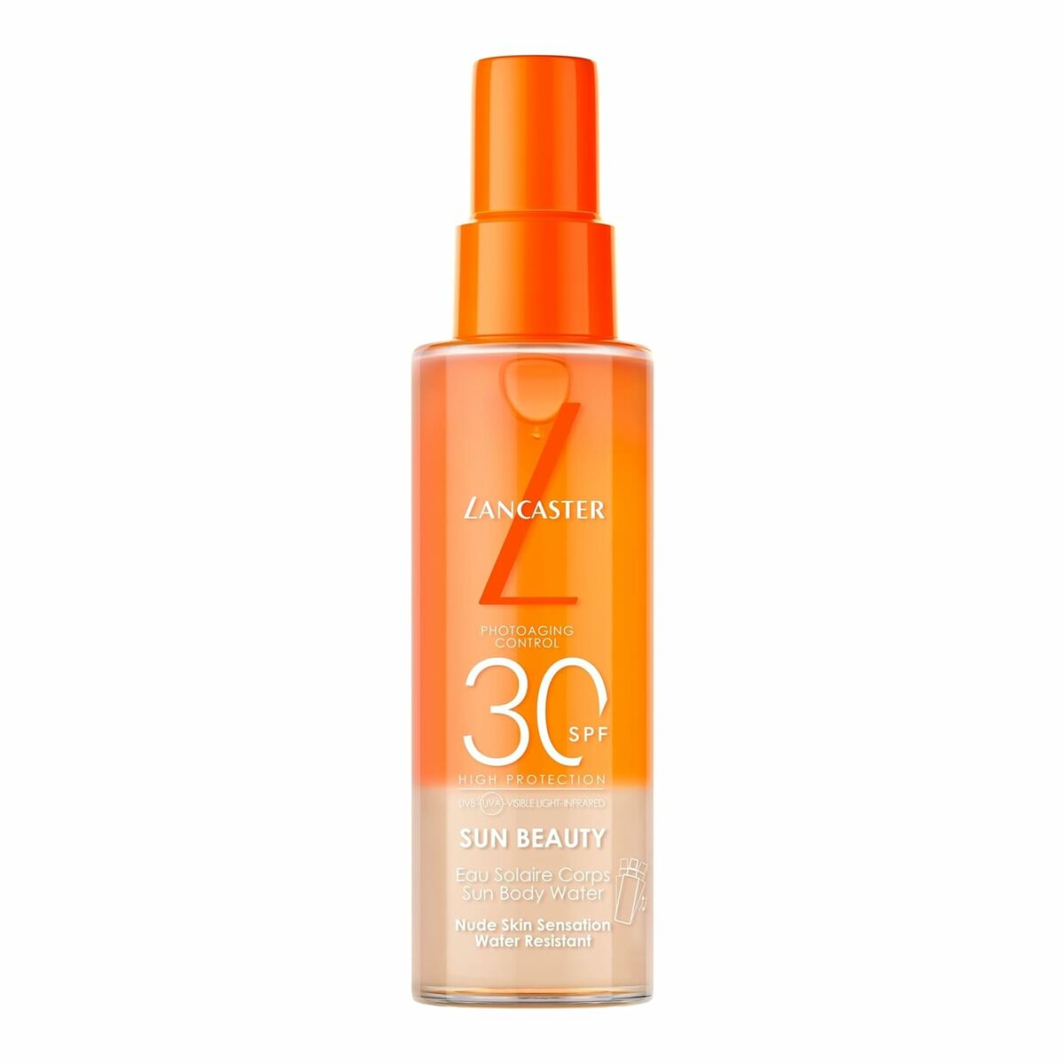 Protecteur solaire Lancaster SUN BEAUTY SPF 30 en flacon de 100 ml, résistant à l'eau pour une peau protégée.