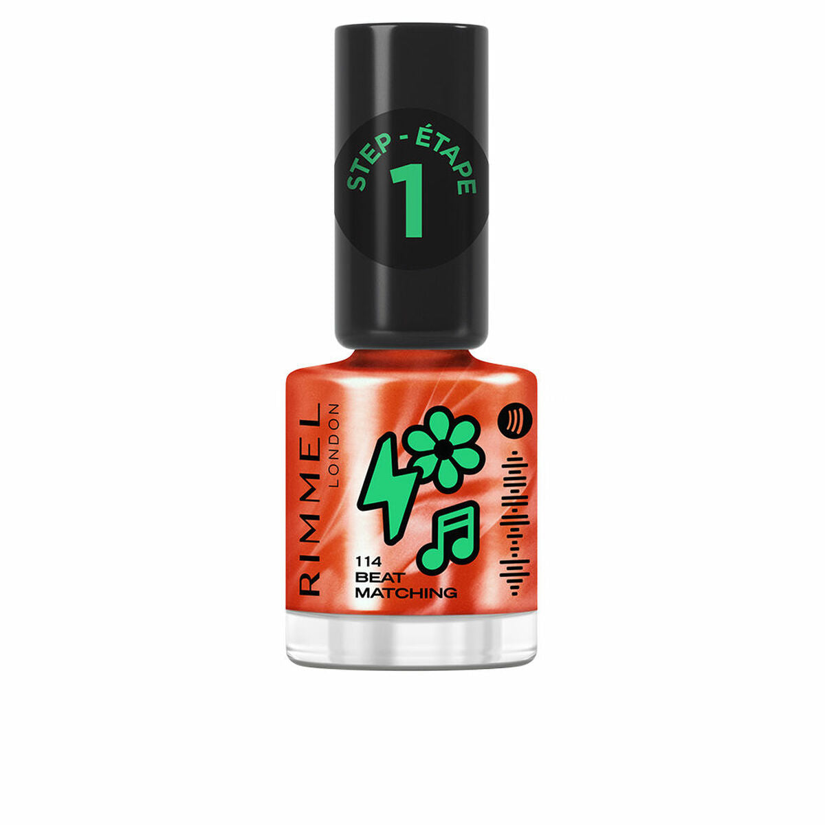 Rimmel London 114 Beat Matching nail polish in vibrant orange, featured in a 12 ml bottle with a modern design.