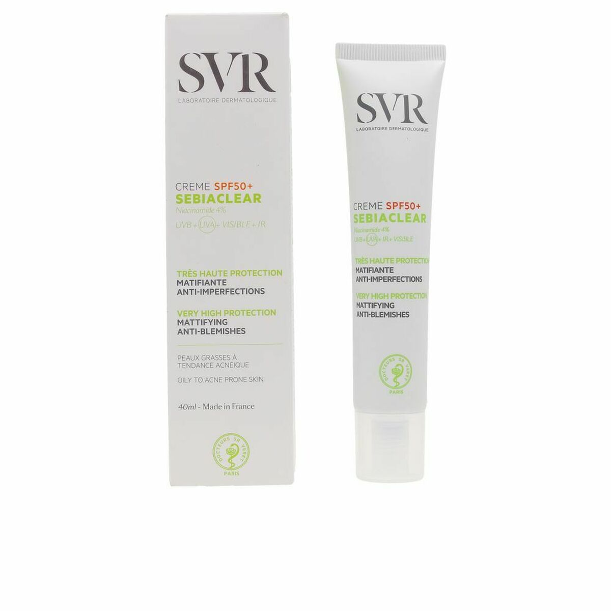 SVR Sebiaclear Anti-imperfections SPF 50 sunscreen cream in 40ml, ideal for oily and acne-prone skin, offers mattifying effects.