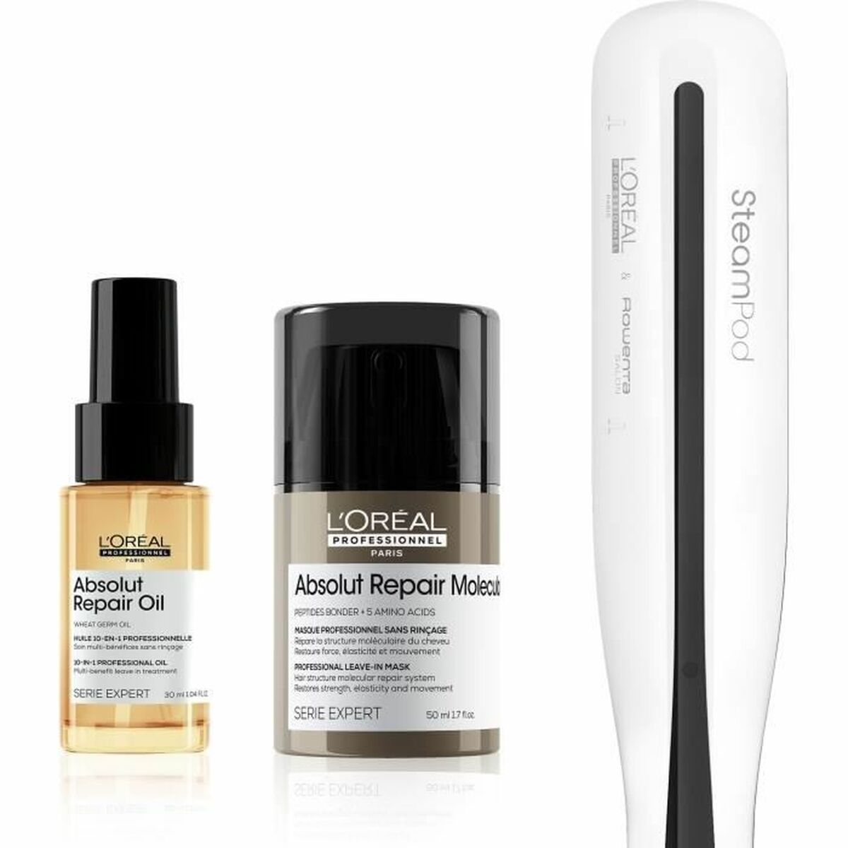 L'Oreal Professionnel Steampod 3 with Absolut Repair oil and molecule for smooth, healthy hair styling.