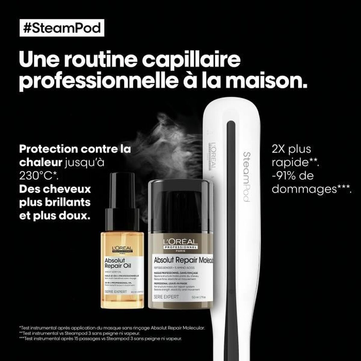 L'Oreal Professionnel Paris Steampod 3, routine capillaire avec produits de soin pour des cheveux brillants et protégés.