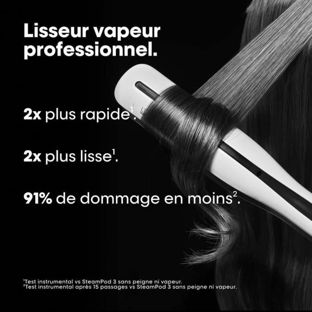 Lisseur vapeur professionnel L'Oreal Steampod 3, 2x plus rapide et lisse, 91% de dommage en moins, pour un coiffage efficace.