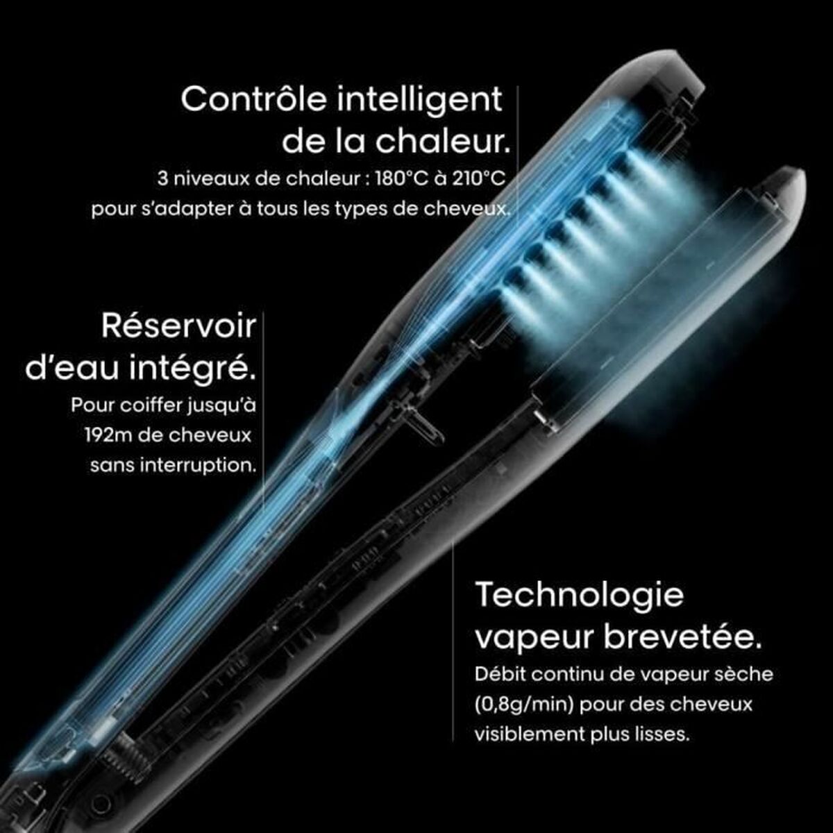Lisseur pour cheveux en céramique L'Oreal, contrôle intelligent de la chaleur, réservoir d'eau intégré, technologie vapeur.