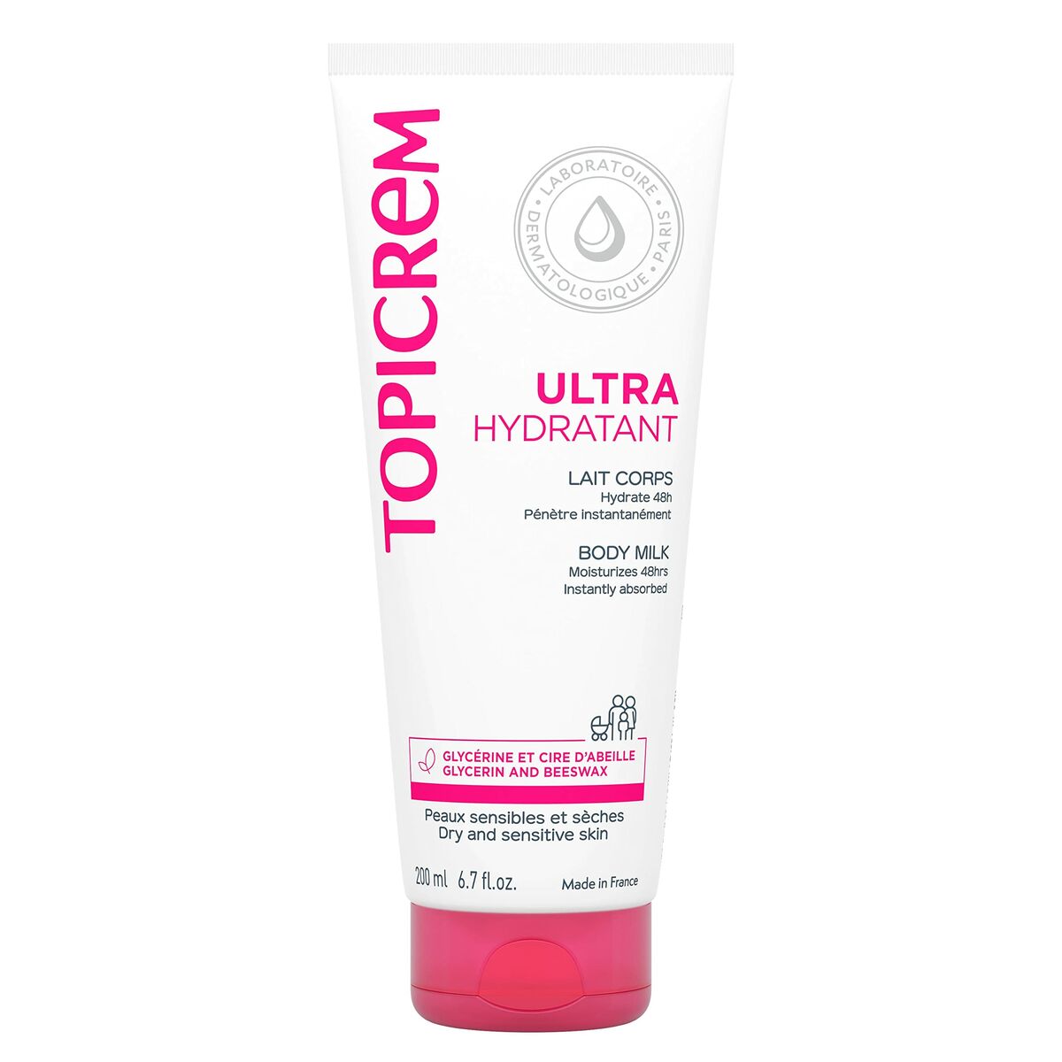 Lait corporel hydratant Topicrem 200 ml, hydratation intense pour peau sensible, texture crème absorbante.