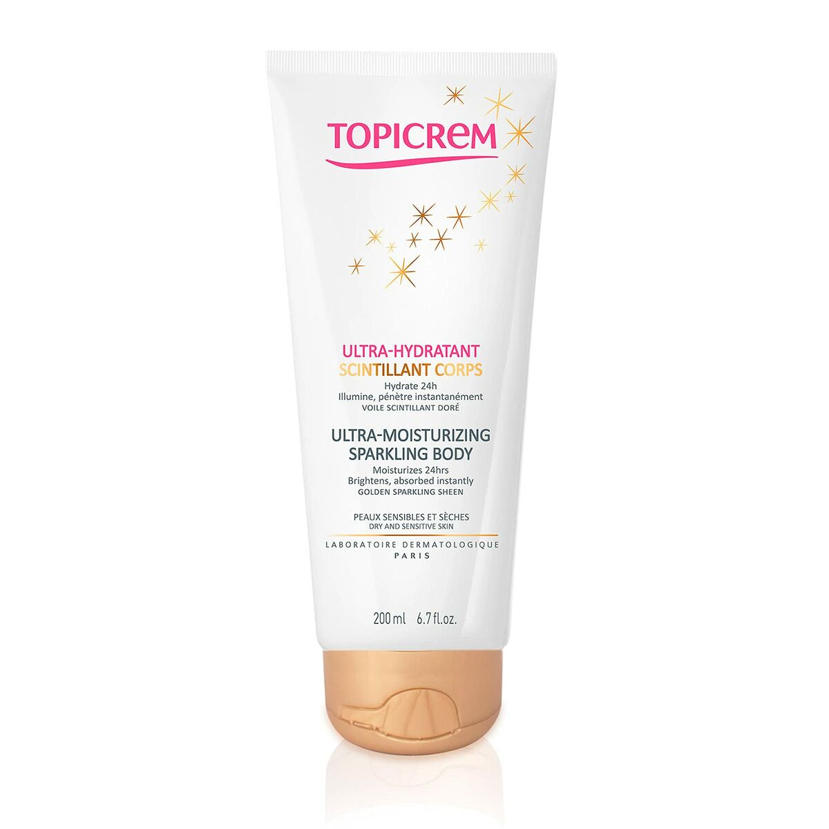 Lait corporel Topicrem Um Sparkling Doré, soin hydratant pour peau sensible, 200ml, éclat et douceur.