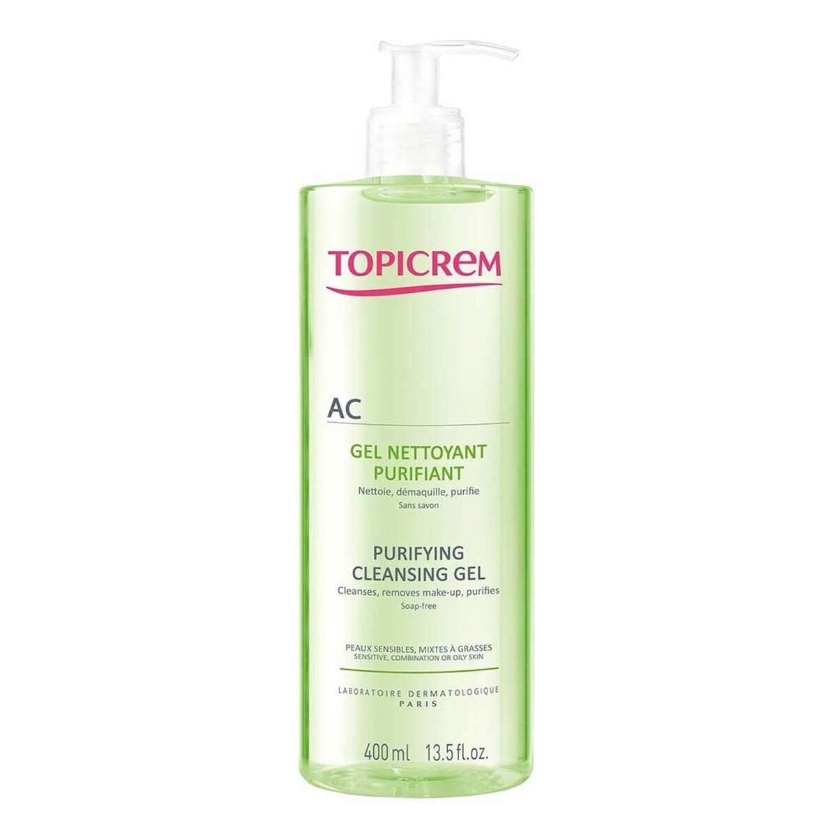 Gel purifiant visage Topicrem, nettoie et purifie les peaux sujettes à l'acné, 400ml.