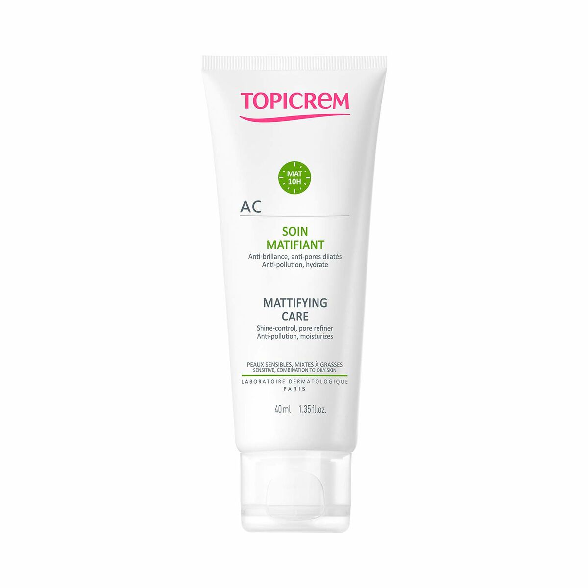 Tube of Topicrem Mattifying Care Gel for face, designed for oily skin, anti-pollution, hydrating skincare.