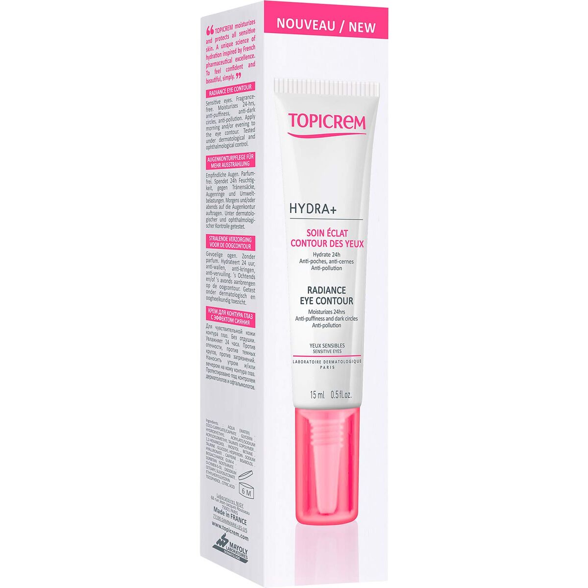 Crème contour des yeux Topicrem Radiance Hydra+ 15 ml pour un regard lumineux et hydraté, enrichie en caféine.