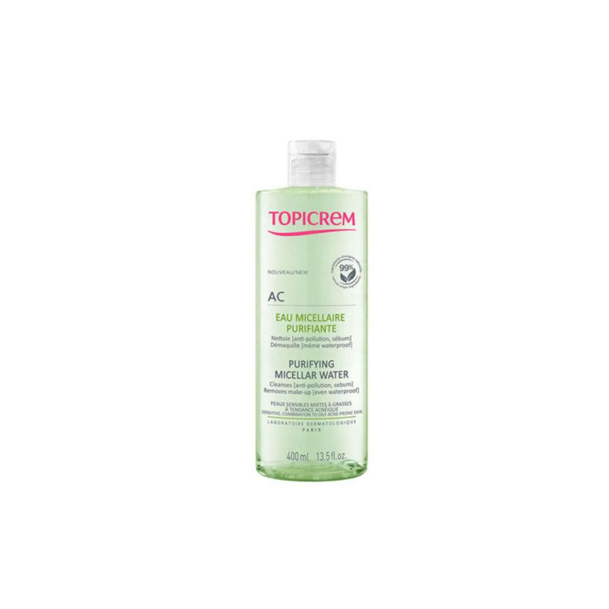 Eau micellaire Topicrem Purifying, 400ml, pour peau acnéique et grasse, nettoie et purifie en douceur.
