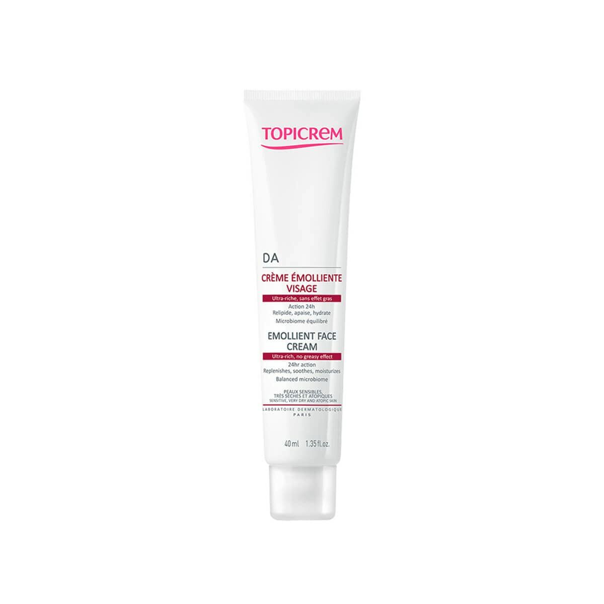 Crème visage Topicrem Emollient Face cream tube designed for moisturizing and enhancing skin beauty.