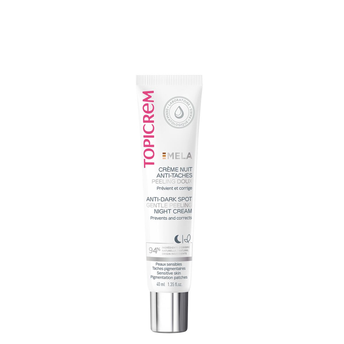Crème nuit anti-taches Topicrem, prévention et correction des imperfections, pour tous types de peau.