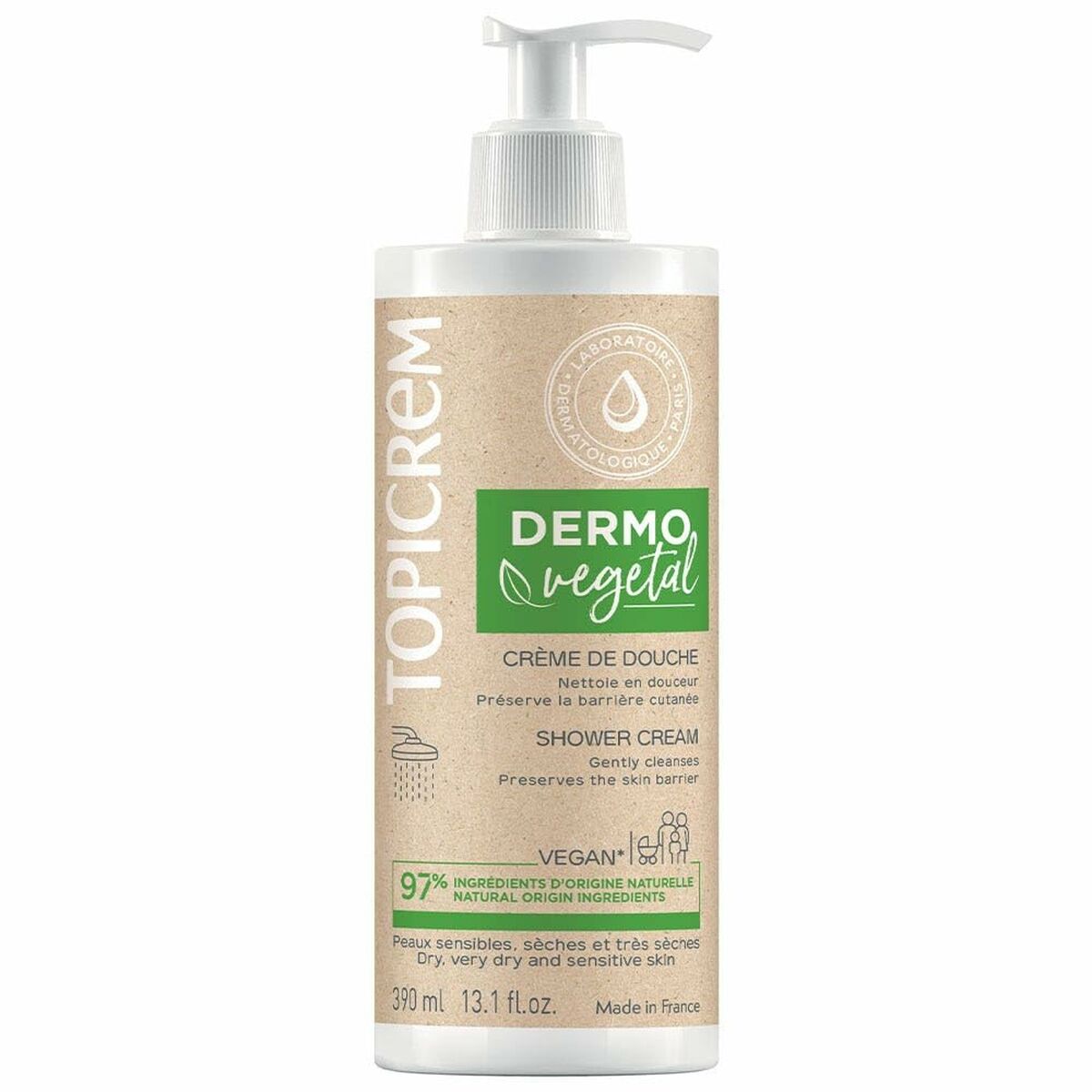 Crème de douche Topicrem Dermovegetal 390 ml, hydratant pour peau sensible, vegan et à base d'Aloe Vera.