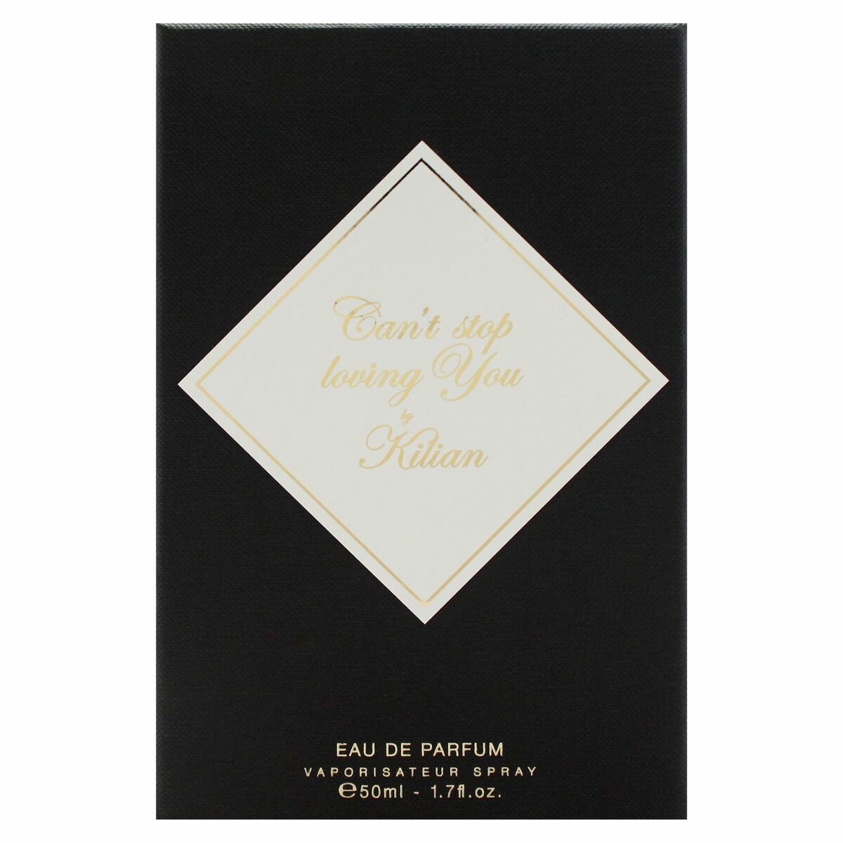 Kilian Can't Stop Loving You EDP package design, featuring elegant typography on a black background.