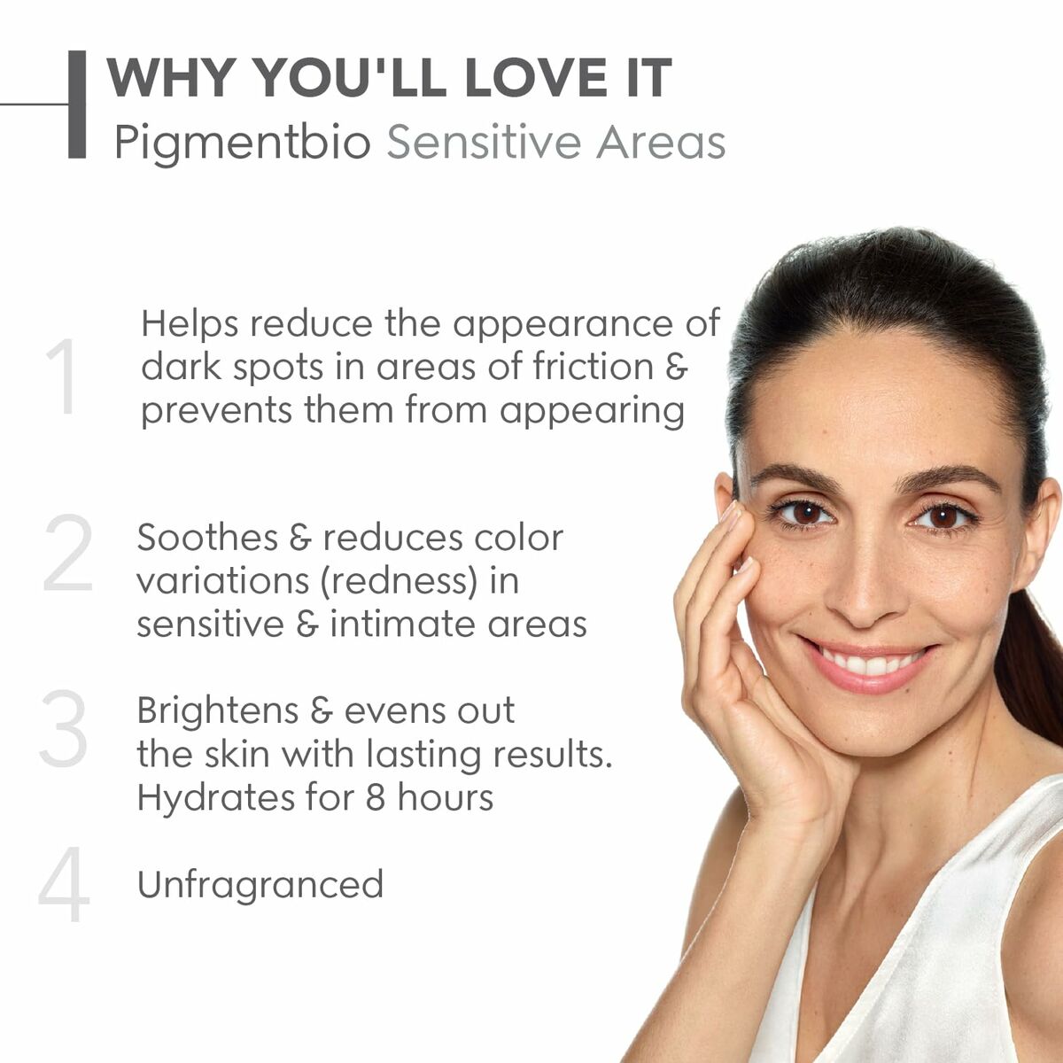 Woman showcasing benefits of Pigmentbio for sensitive areas, highlighting skin care features and hydration.