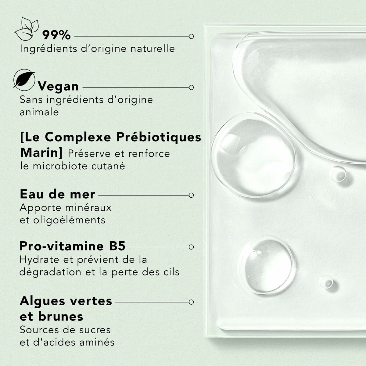 Ingrédients naturels du démaquillant visage Lierac: 99% d'origine naturelle, vegan, eau de mer, pro-vitamine B5, algues.