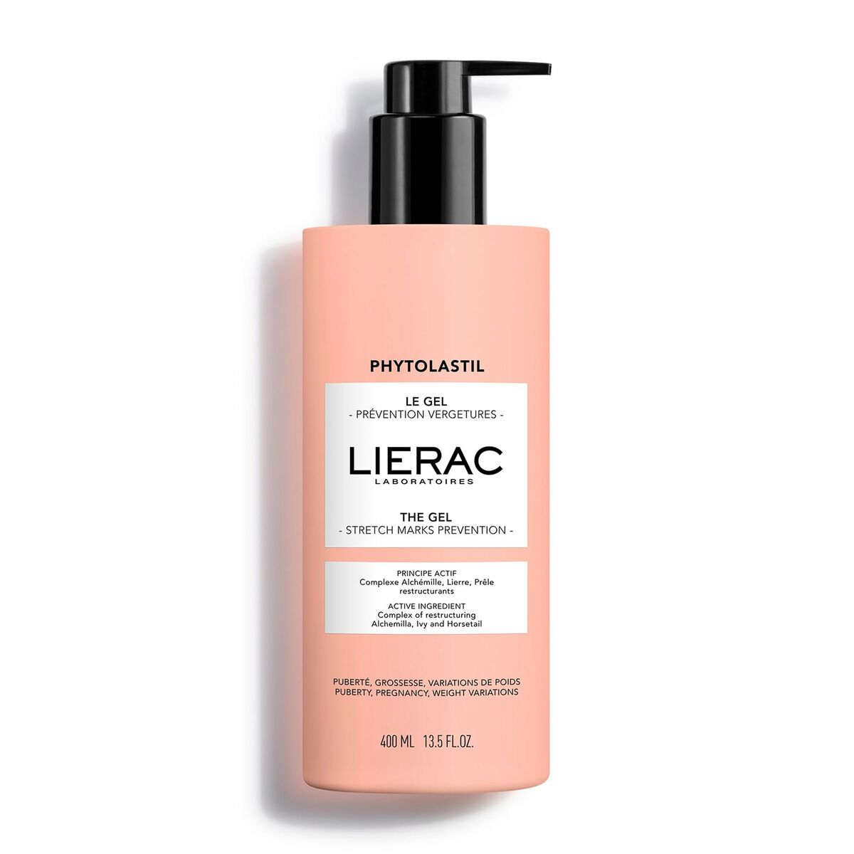 Lierac PHYTOLASTIL Gel for stretch marks prevention in a 400 ml bottle, suitable for all skin types.
