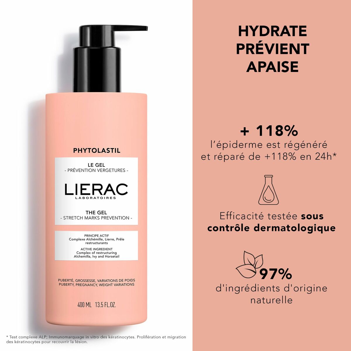 Gel Lierac Phytolastil anti-vergetures, 400ml, vegan, gel non collant, hydratant, 97% ingrédients naturels.