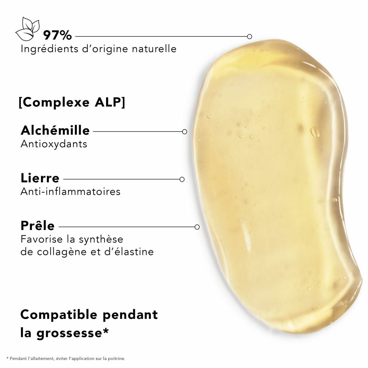 Texture gel de lotion corporelle anti-vergetures Lierac, contenant 97% d'ingrédients naturels et complexe ALP.
